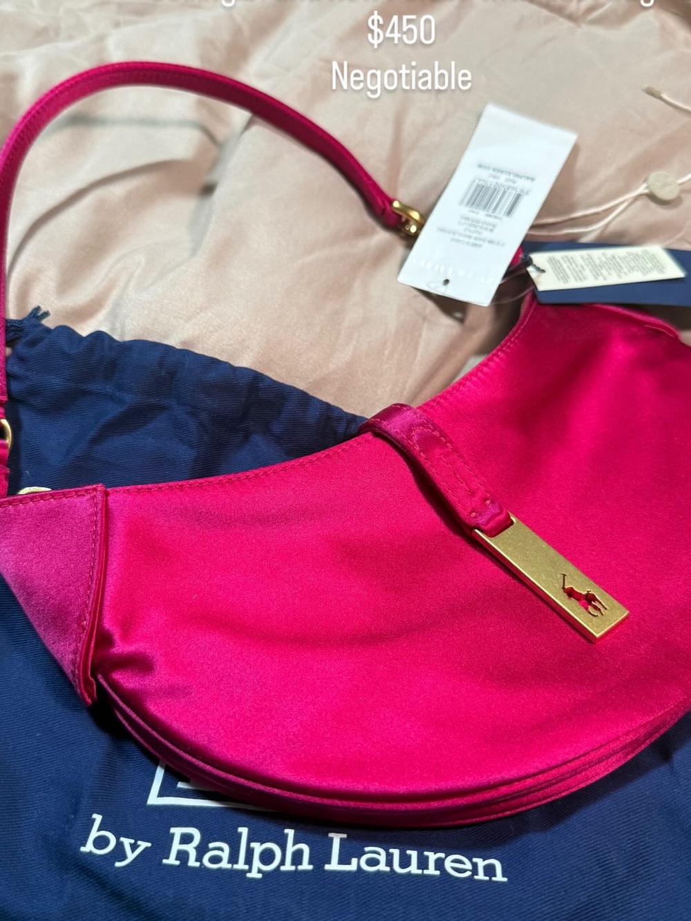 Ralph Lauren Hot Pink Satin Shoulder Bag with Gold Accent